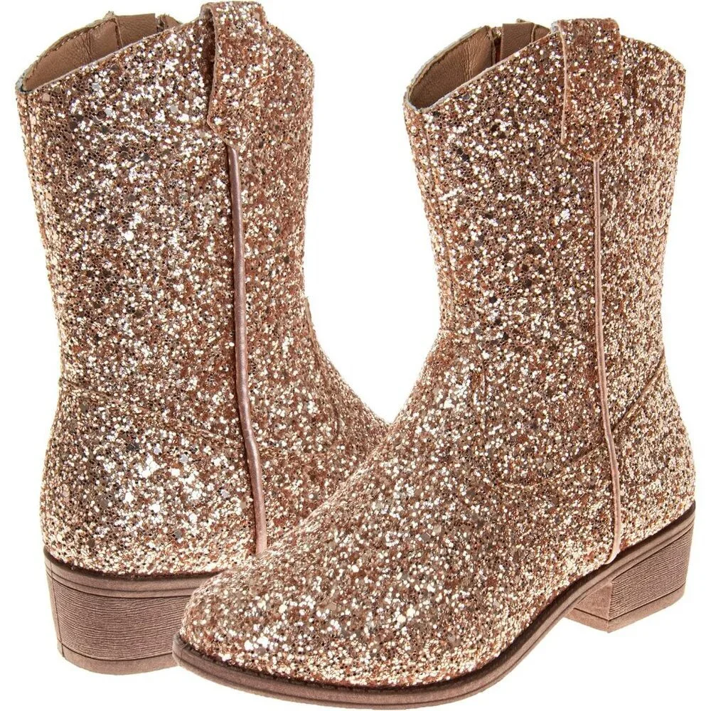 🆕Girls Rose Gold Glitter Manmade Glitter Cowgirl Mid Calf Cowboy Western Boots